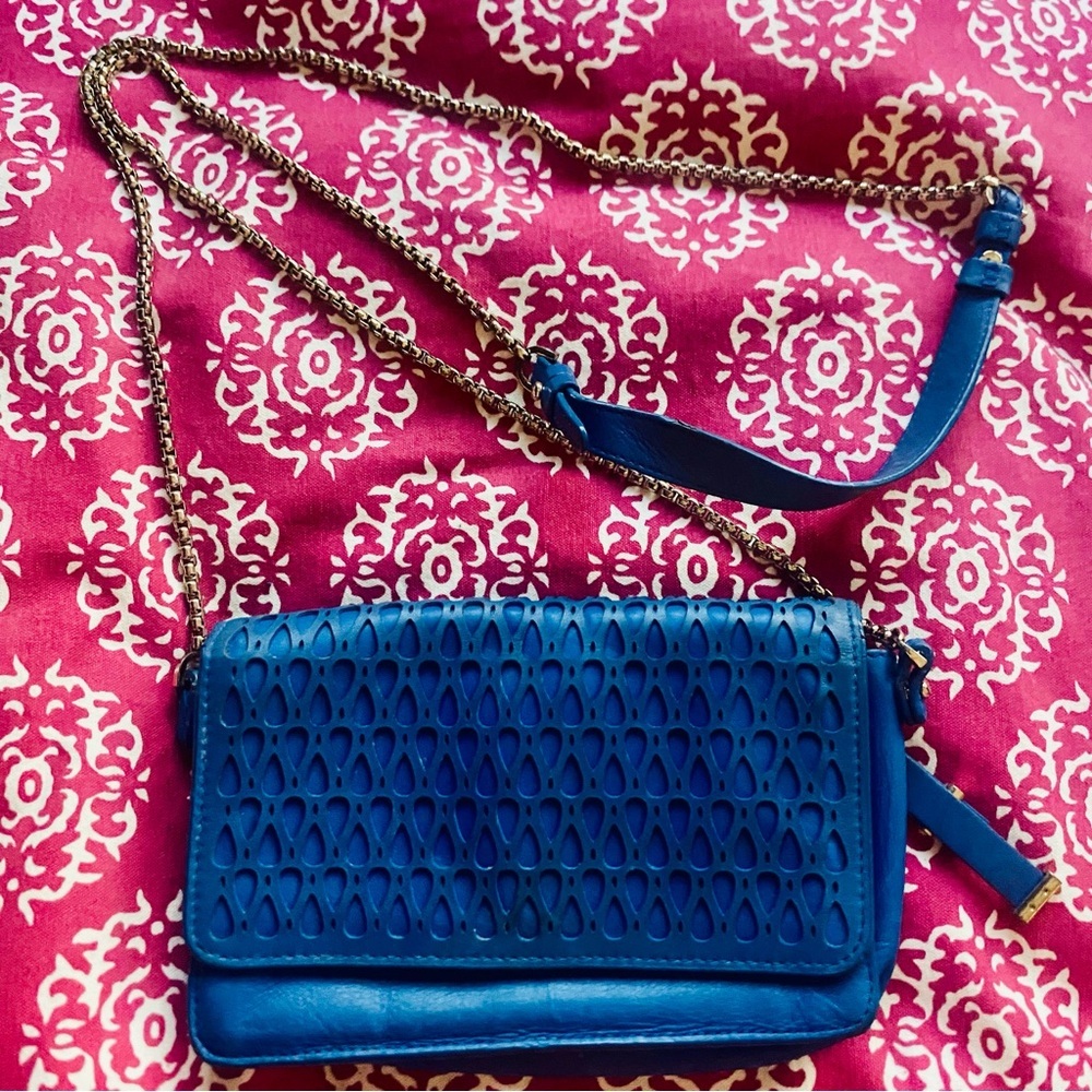 Stuart Weitzman
Blue Premium Leather Silver Box 
Chain Crossbody Bag